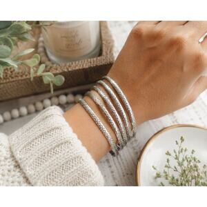 NWT Silver Tone Textured Bangle Bracelet Stack Set Minimalist Jewelry